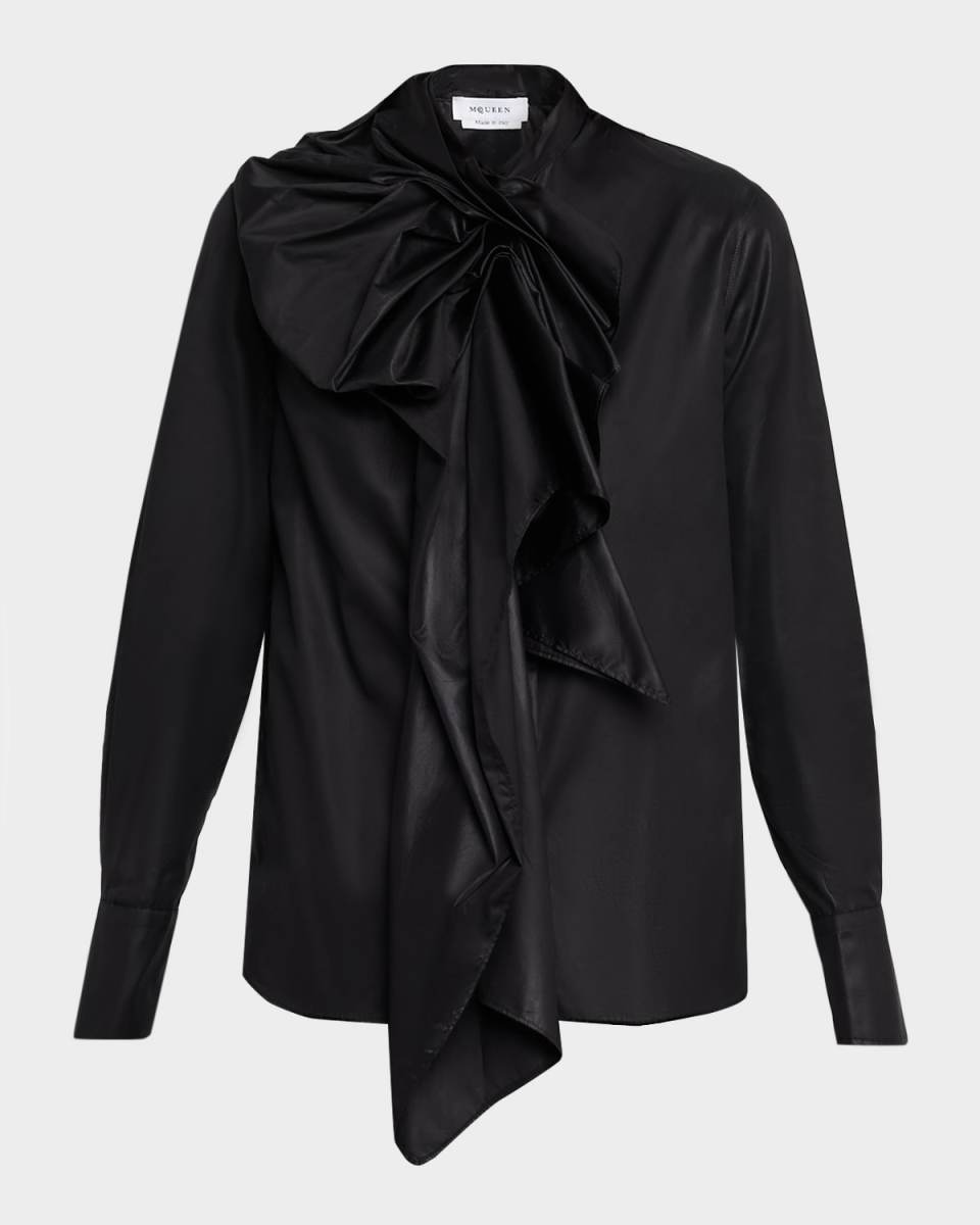 Draped Ruffle Cotton Poplin Blouse